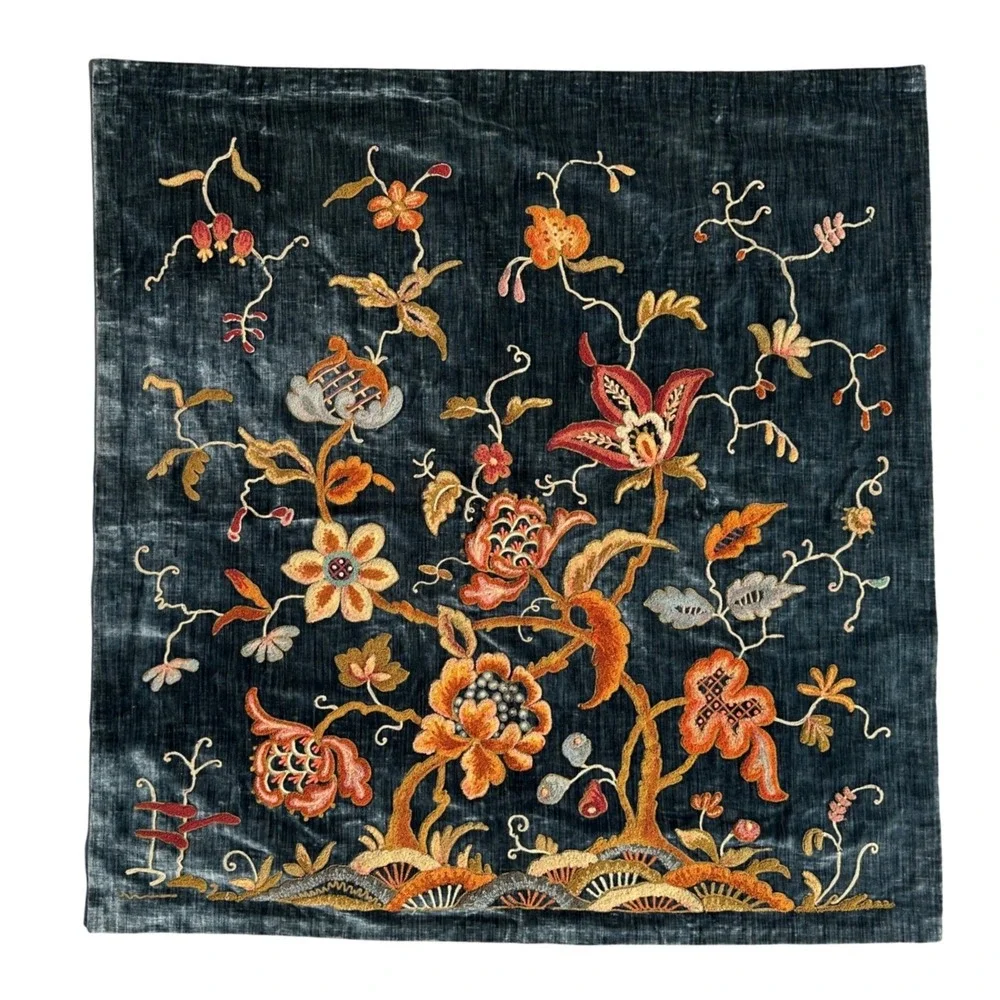 Vintage Crewel Embroidered Velvet Wall Hanging Tree of Life Floral Blue 50x50
